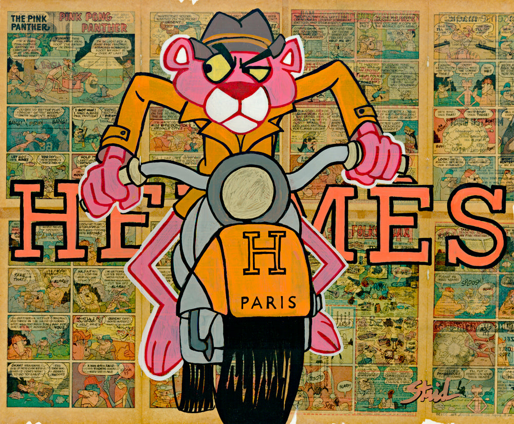 Pink Panther Rides Hemés Moto - Print by PeterStridArt