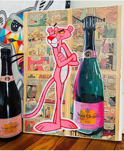 pink panther pinkpanther veuve clicquot bottle popart Oil Painting by Peterstridart peter strid stridart