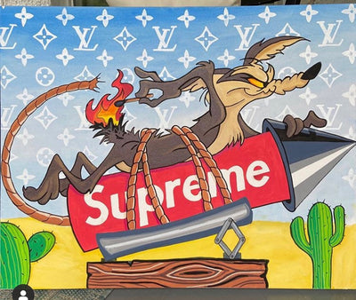 wiley coyote on supreme rocket louis viutton babe louboutins popart Oil Painting by Peterstridart peter strid stridart
