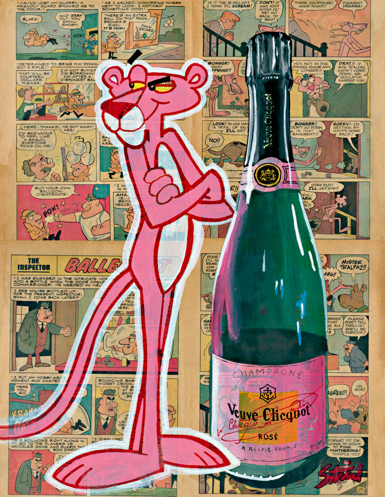pink panther pinkpanther veuve clicquot bottle popart Oil Painting by Peterstridart peter strid stridart